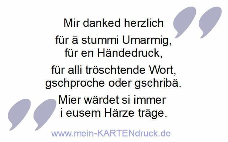 Trauer Dank auf schwizerduetsch: Mir danked herzlich ...