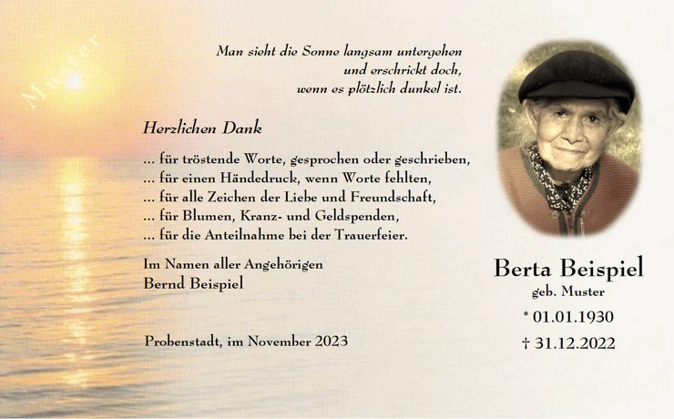 Dankeskarte zur Beerdigung mit Sonnenuntergang mit Bild gestalten