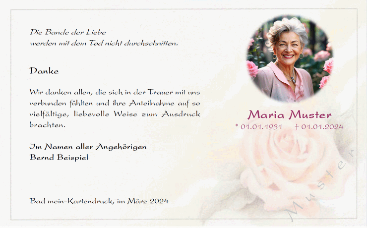 Danksagung zur Beerdigung der Mutter mit Rose und Foto