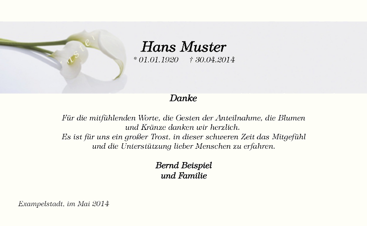  Danksagungskarte Trauerfall Blume Calla liegend