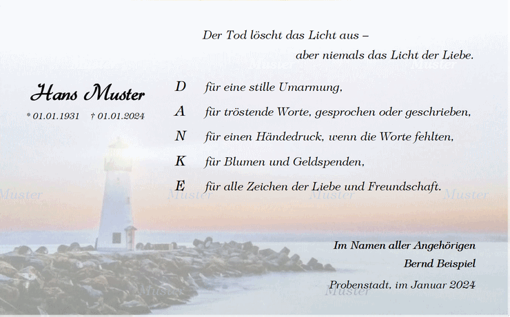 Dankeskarte mit Leuchtturm am Meer - Licht der Liebe bleibt