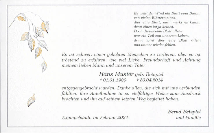 Trauerkarte - fallendes Blatt - Es weht der Wind ... - Danksagung