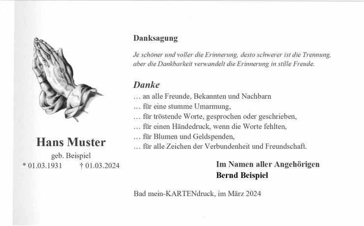 stilvolle Trauerkarte mit versetztem Schattenrand, gestaltet mit Dürers betenden Händen