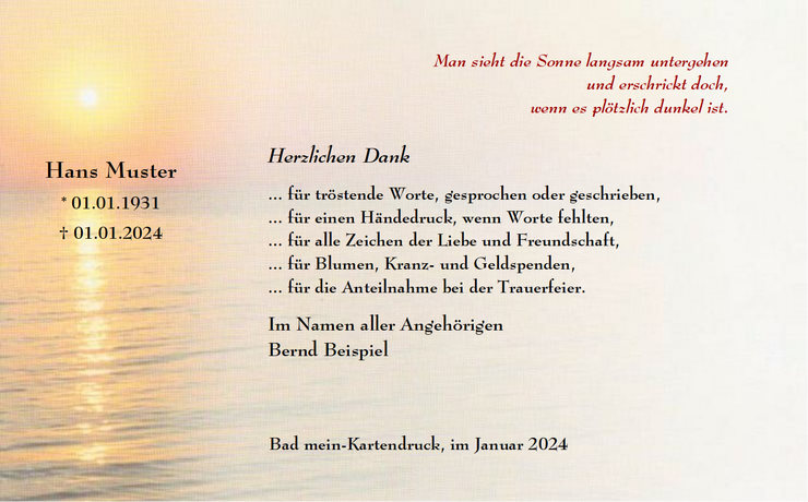  Dankeskarte Beerdigung - Sonnenuntergang - Trauer