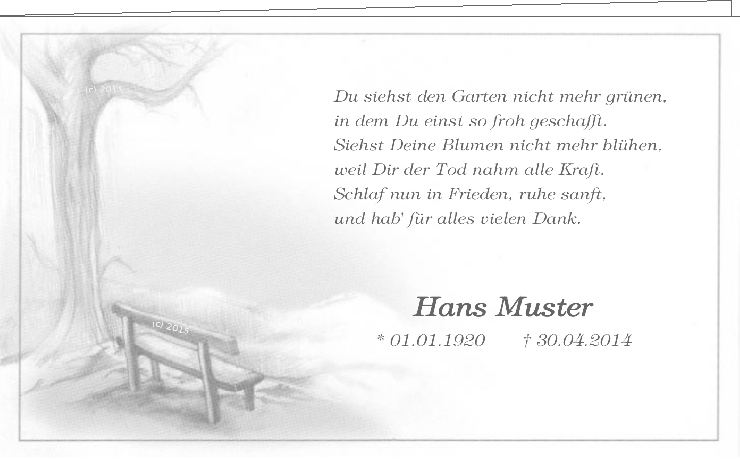 Traueranzeige Bank Baum Klappkarte Vorne