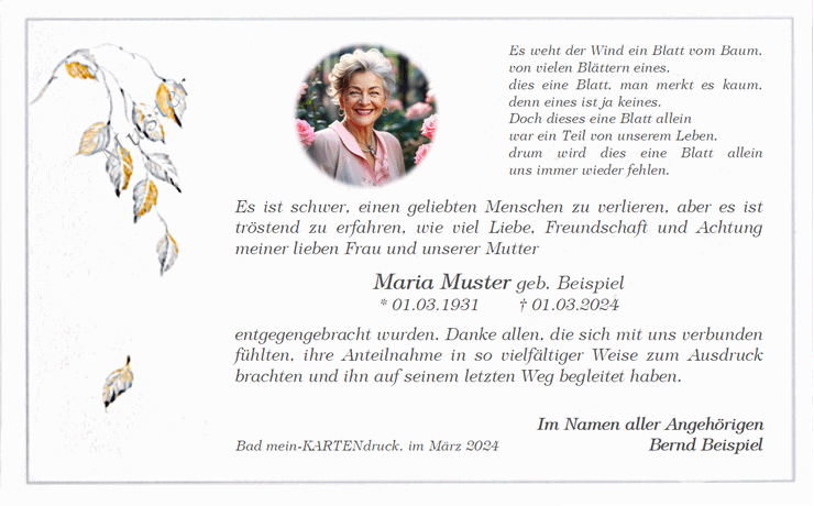 Trauerkarte zur Danksagung mit Spruch "Es weht der Wind..." und Foto