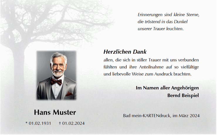 Trauerkarte mit Bild und kurzem Text "Erinnerungen sind kleine Sterne"