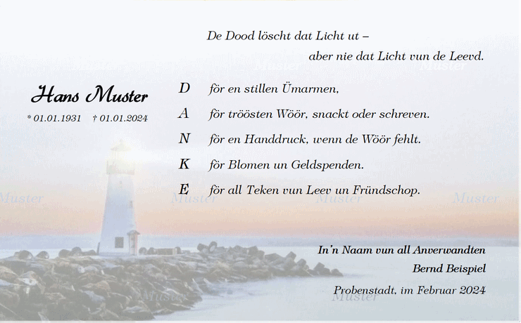 Trauerkarte mit Leuchtturm und plattdeutschem Text