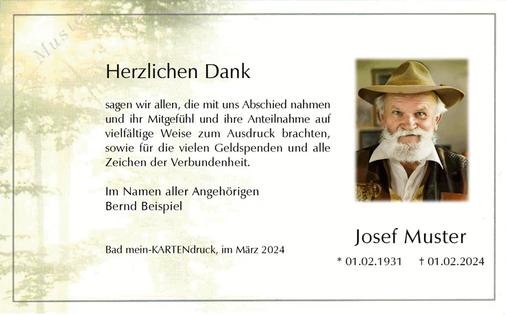 Trauer Danksagung mit Bild - Verstorbener im Beerdigungswald