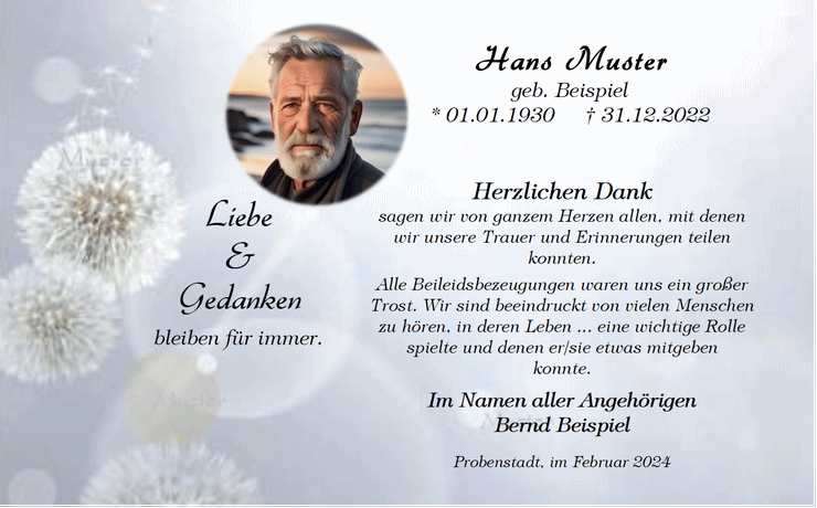 moderne Trauerkarte mit Foto - Pusteblume - kurzer Spruch
