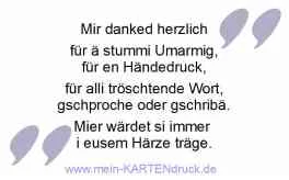 Trauer Dank auf schwizerduetsch: Mir danked herzlich ...