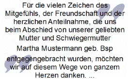 Danksagungstext: Für die vielen Zeichen von Mitgefühl, Freundschaft und Anteilnahme