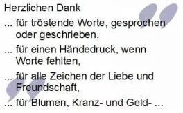 Danksagungstext Herzlichen Dank für tröstende Worte, Liebe, Freundschaft, Blumen und Kränze