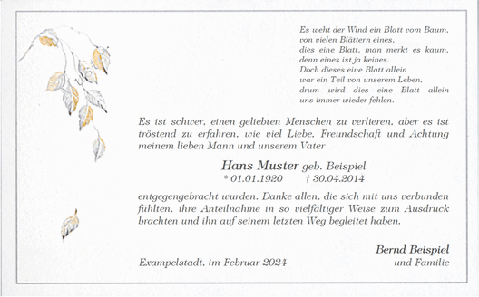 Danksagungskarte mit fallendem Blatt