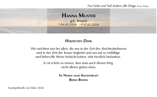 Trauerkarte zur Danksagung, Meer-Motiv mit kurzem Spruch