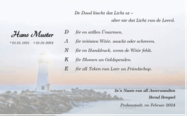 Trauerkarte mit Leuchtturm und plattdeutschem Text
