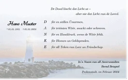 Trauerkarte mit Leuchtturm und plattdeutschem Text