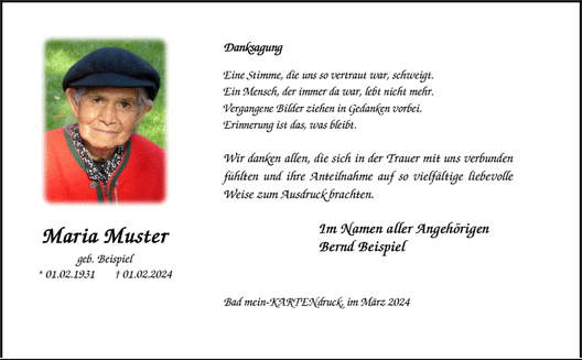 Klassische Trauerkarte mit Foto, Spruch eine vertraute Stimme schweigt